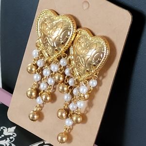 Heart Earrings filigree gold-tone faux pearl & gold-tone dangle accents